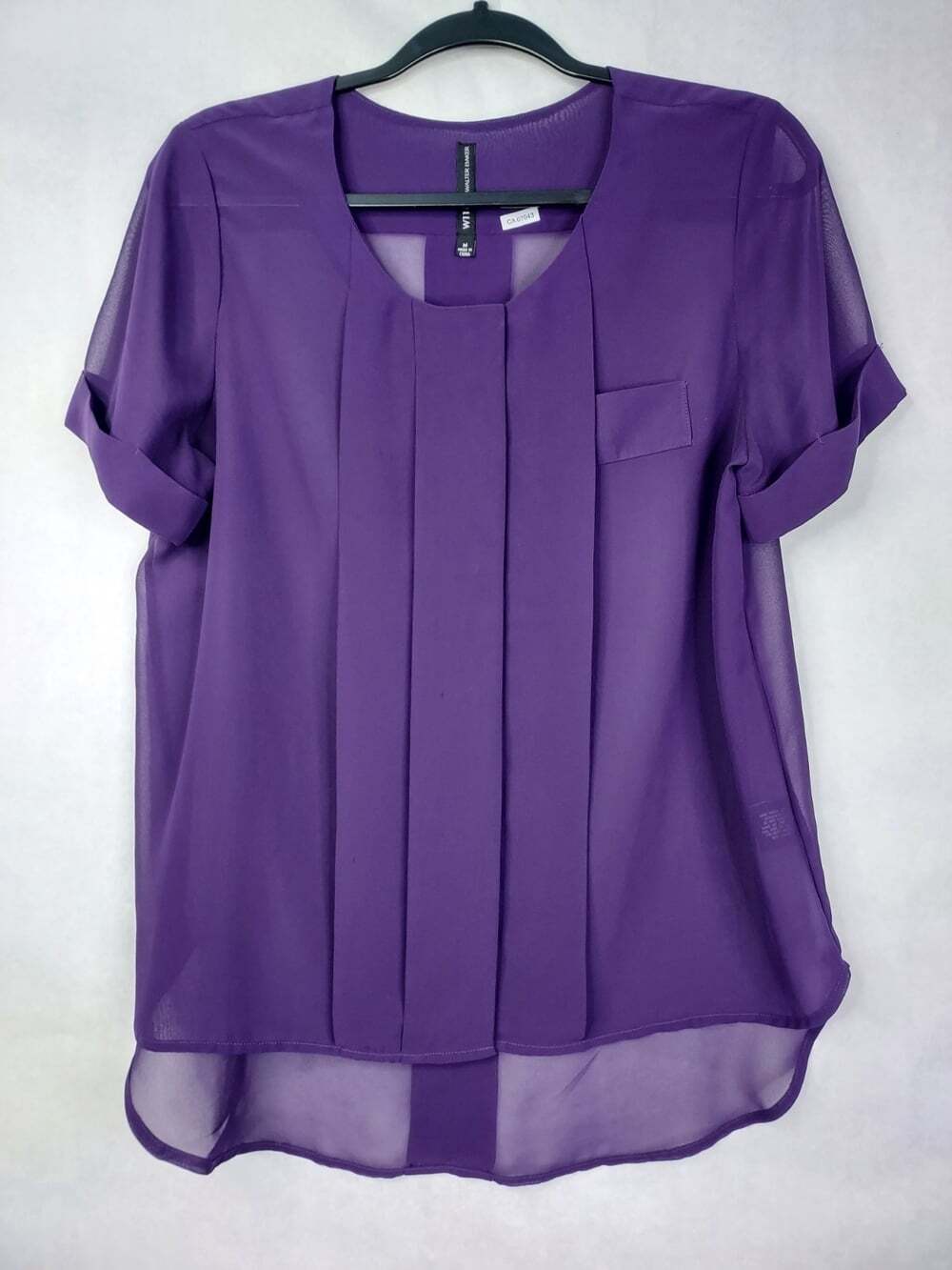 W118 by Walter Baker Pleated Blouse Women's M Sheer Short Sleeve Purple Office